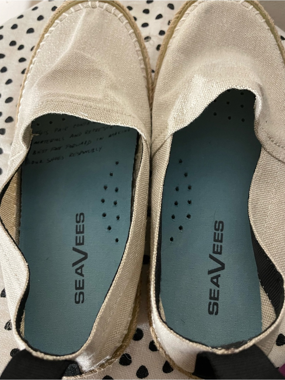 SeaVees Beige Canvas Espadrilles with Teal Insole and Black Heel Tab